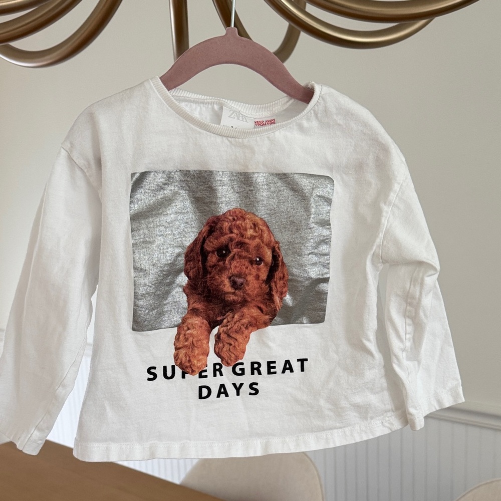 Zara Toddler 3/4 years old, White Long-Sleeve Shirt with Puppy Graphic